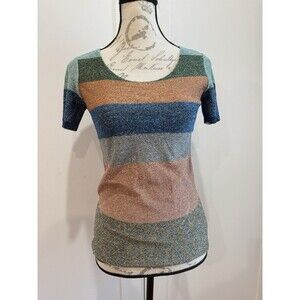 VTG Chloe Stripe Metallic Knit Stretch Short Sleeve Scoop Neck Top Sz S/M